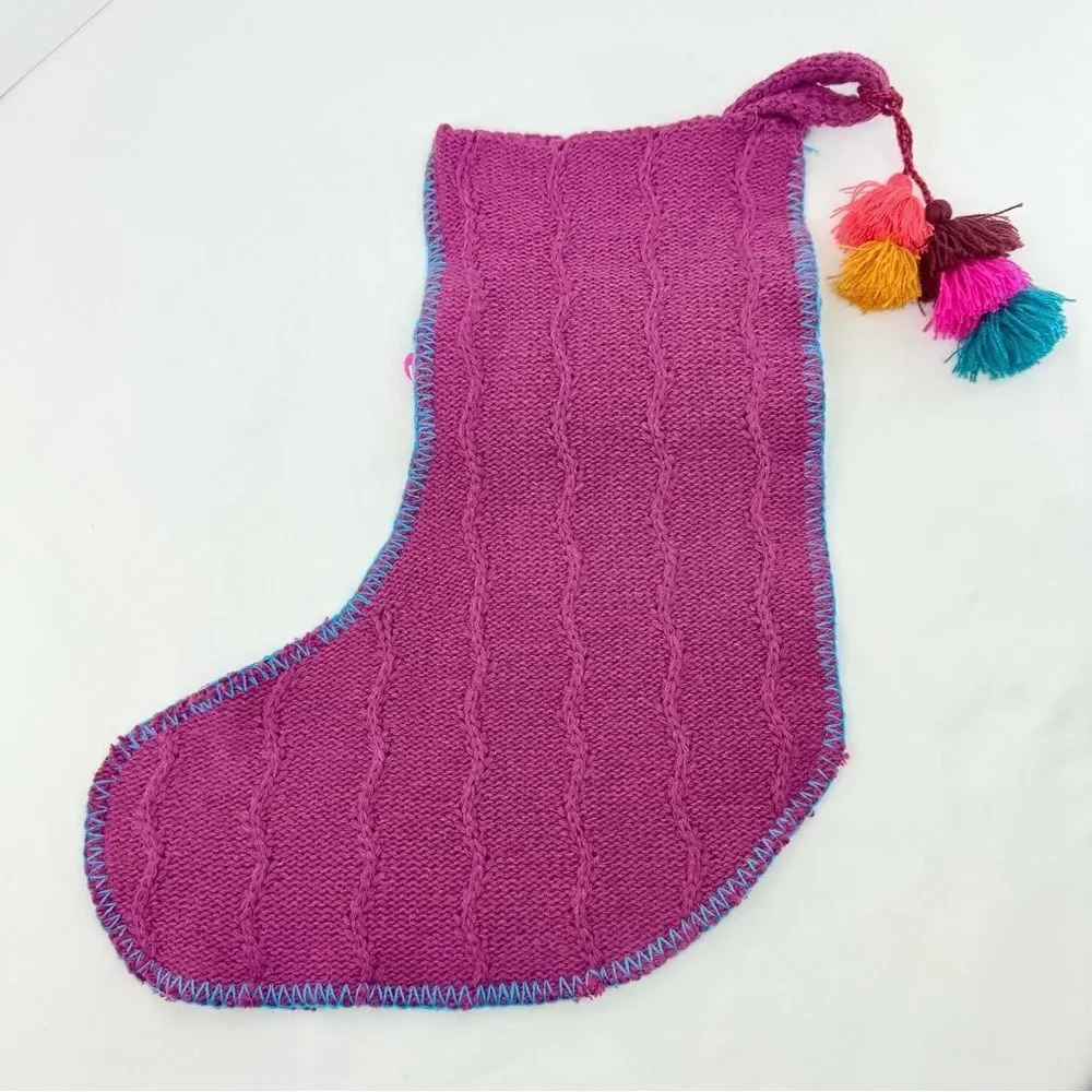 Natural Life Set of 3 Boho Christmas Stockings Purple Cable Knit PomPom Trim
